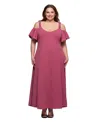 24seven Comfort Apparel Plus Size Cold Shoulder Ruffle Sleeve A-line Maxi Dress In Pink