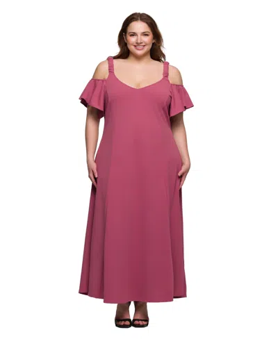 24seven Comfort Apparel Plus Size Cold Shoulder Ruffle Sleeve A-line Maxi Dress In Pink