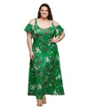 24seven Comfort Apparel Plus Size Cold Shoulder Ruffle Sleeve A-line Maxi Dress In Green