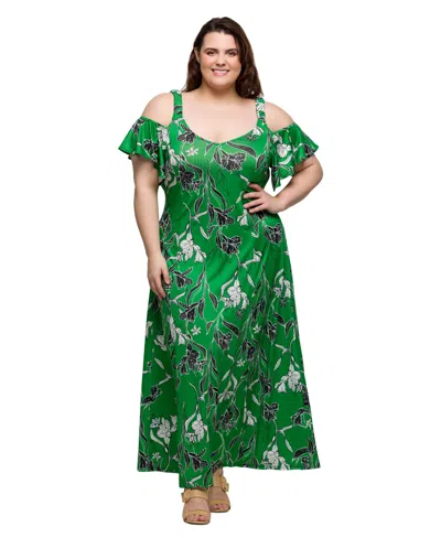 24seven Comfort Apparel Plus Size Cold Shoulder Ruffle Sleeve A-line Maxi Dress In Green