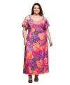 24seven Comfort Apparel Plus Size Cold Shoulder Ruffle Sleeve A-line Maxi Dress In Pink