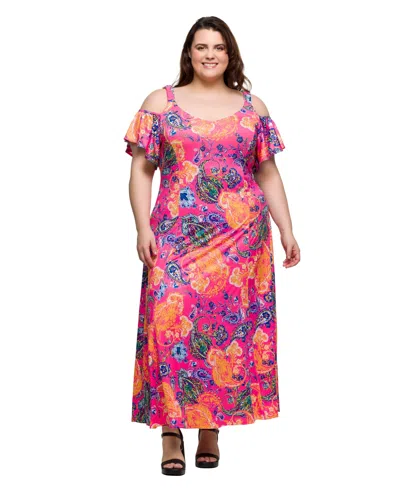24seven Comfort Apparel Plus Size Cold Shoulder Ruffle Sleeve A-line Maxi Dress In Pink