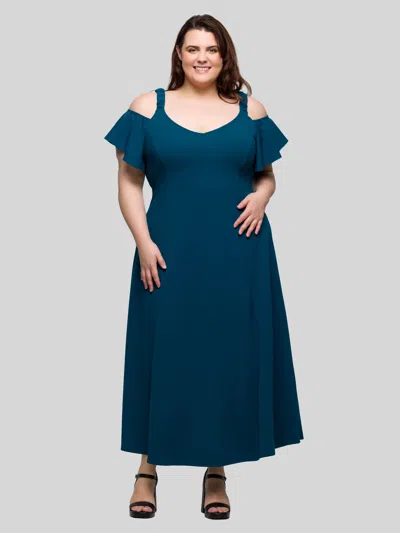 24seven Comfort Apparel Plus Size Cold Shoulder Ruffle Sleeve A-line Maxi Dress In Blue