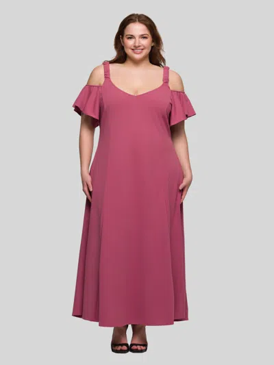 24seven Comfort Apparel Plus Size Cold Shoulder Ruffle Sleeve A-line Maxi Dress In Pink
