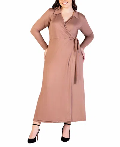 24seven Comfort Apparel Plus Size Collared Wrap Maxi Dress In Mocha