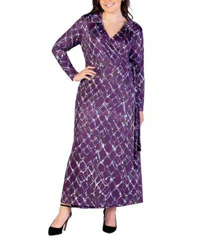 24seven Comfort Apparel Plus Size Collared Wrap Maxi Dress In Purple Multi