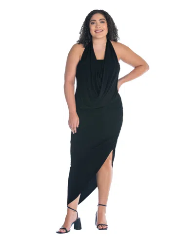24seven Comfort Apparel Plus Size Cowl Neck Long Asymmetrical Backless Halter Dress In Black