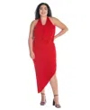 24seven Comfort Apparel Plus Size Cowl Neck Long Asymmetrical Backless Halter Dress In Red