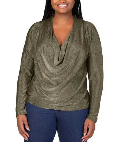 24seven Comfort Apparel Plus Size Cowl Neck Long Sleeve Shimmery Top In Gold