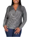 24seven Comfort Apparel Plus Size Cowl Neck Long Sleeve Shimmery Top In Silver