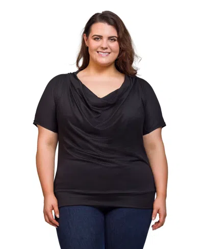 24seven Comfort Apparel Plus Size Cowl Neck Short Sleeve Top In Black