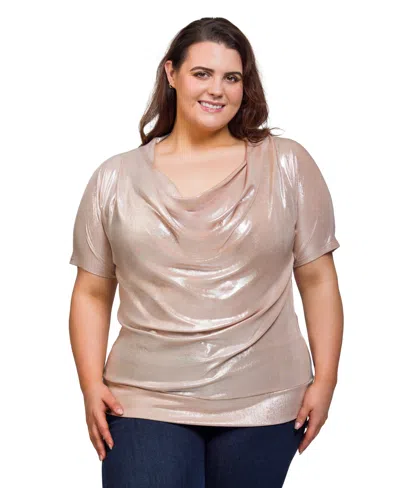 24seven Comfort Apparel Plus Size Cowl Neck Short Sleeve Top In Neutral