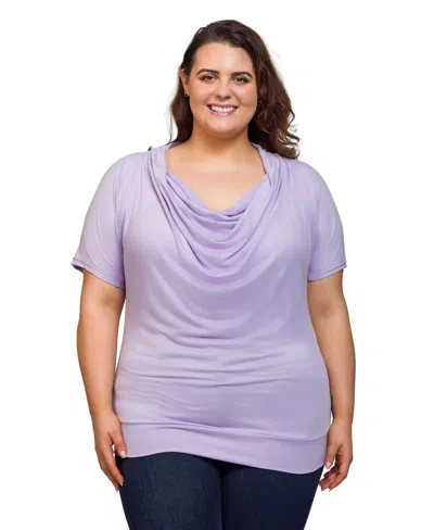 24seven Comfort Apparel Plus Size Cowl Neck Short Sleeve Top In Purple