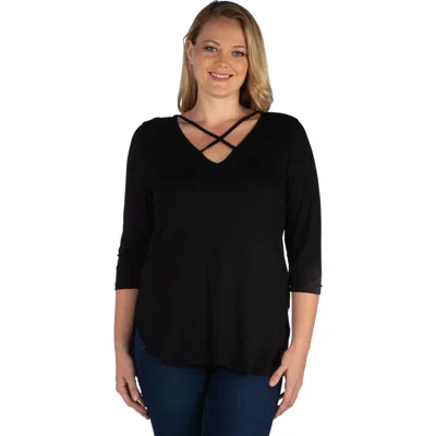 24seven Comfort Apparel Women V Neck Three Quarter Sleeve Strappy Tunic Top In Black