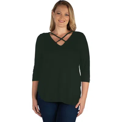 24seven Comfort Apparel Plus Size Criss Cross Round Hemline  Tunic Top In Green