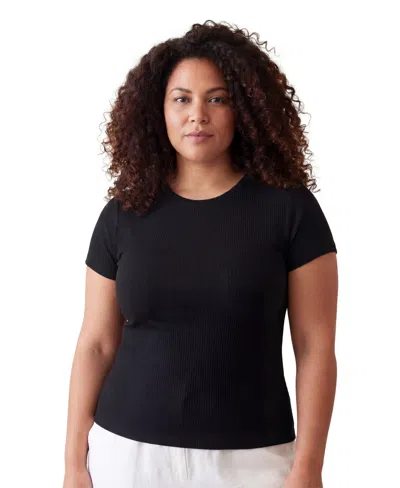 24seven Comfort Apparel Curvy Basic Ribbed Knit Round Neck Short Sleeve Top In Black