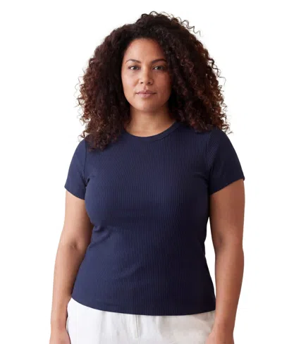 24seven Comfort Apparel Curvy Basic Ribbed Knit Round Neck Short Sleeve Top In Blue