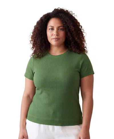24seven Comfort Apparel Curvy Basic Ribbed Knit Round Neck Short Sleeve Top In Green