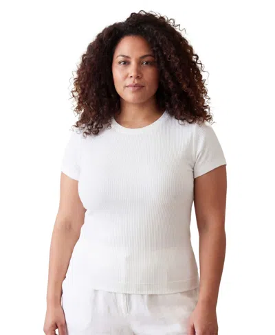 24seven Comfort Apparel Curvy Basic Ribbed Knit Round Neck Short Sleeve Top In White
