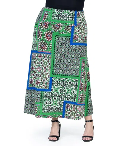 24seven Comfort Apparel Plus Size Elastic Waist Comfort Maxi Skirt In Green Multi
