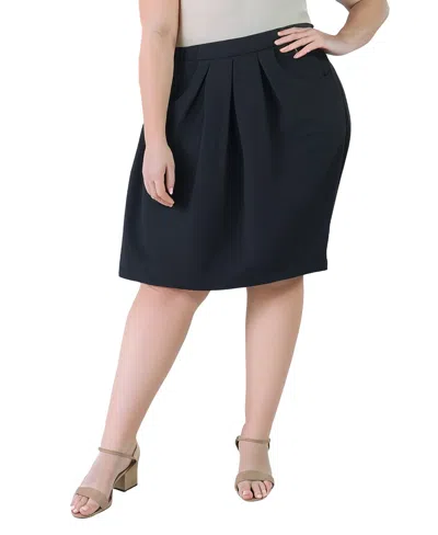 24seven Comfort Apparel Plus Size Elastic Waist Pleated Knee Length Pocket Skirt In Black