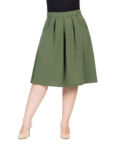 24seven Comfort Apparel Plus Size Elastic Waist Pleated Knee Length Pocket Skirt In Olive