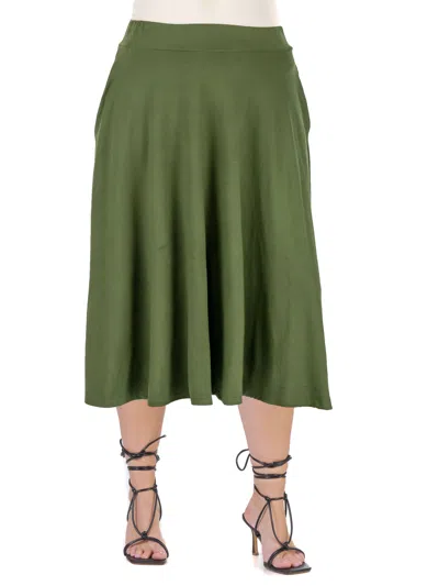 24seven Comfort Apparel Plus Size Elastic Waist Pleated Pocket Midi Skirt In Green