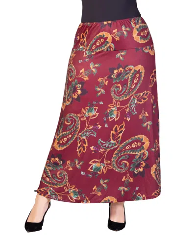 24seven Comfort Apparel Plus Size Elastic Waist Printed Maxi Skirt In Red Multi