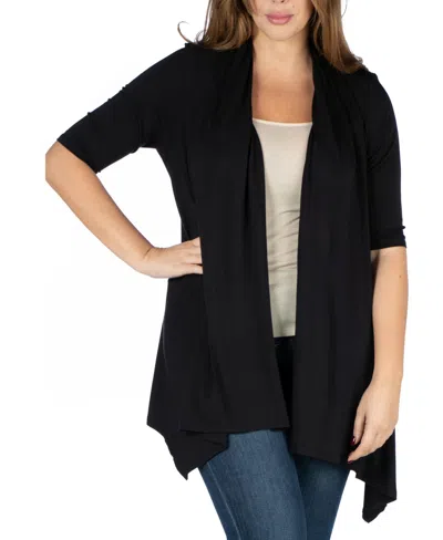 24seven Comfort Apparel Plus Size Elbow Length Open Front Cardigan Sweater In Black