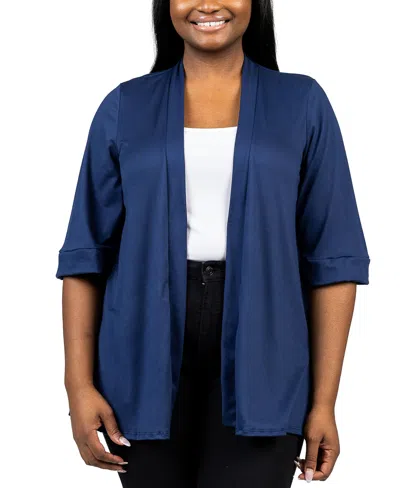 24seven Comfort Apparel Plus Size Elbow Length Open Front Cardigan Sweater In Navy