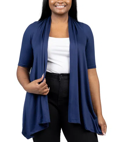 24seven Comfort Apparel Plus Size Elbow Length Open Front Cardigan Sweater In Navy