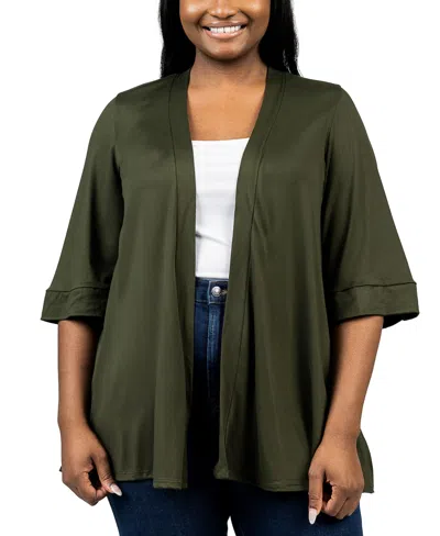 24seven Comfort Apparel Plus Size Elbow Length Open Front Cardigan Sweater In Olive