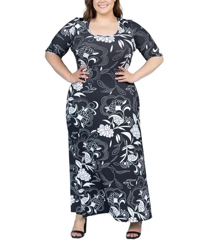 24seven Comfort Apparel Plus Size Elbow Sleeve Casual A Line Maxi Dress In Gray Multi