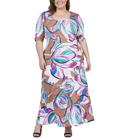 24seven Comfort Apparel Plus Size Elbow Sleeve Casual A Line Maxi Dress In Pink Multi