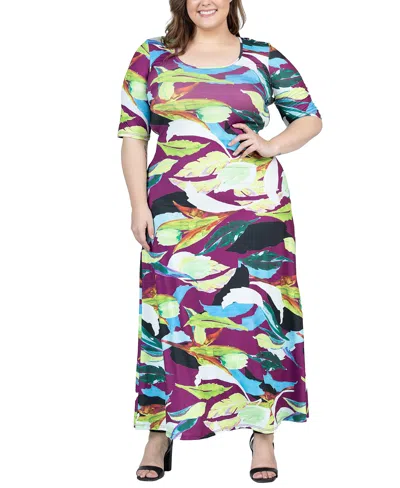 24seven Comfort Apparel Plus Size Elbow Sleeve Casual A Line Maxi Dress In Purple Multi