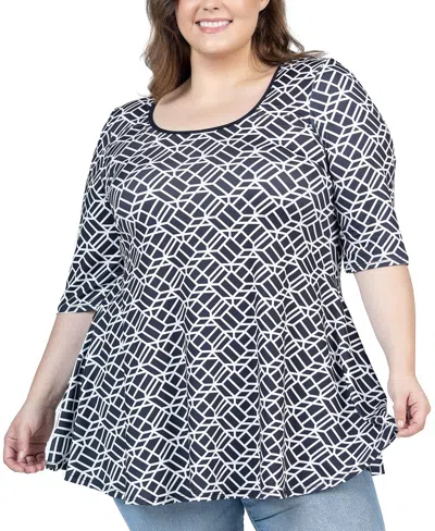 24seven Comfort Apparel Plus Size Elbow Sleeve Casual Tunic Top In Black Multi