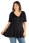 24seven Comfort Apparel Plus Size Elbow Sleeve Henley  Tunic Top In Black