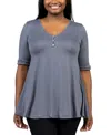 24seven Comfort Apparel Plus Size Elbow Sleeve Henley Tunic Top In Charcoal
