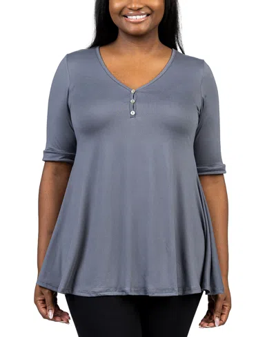 24seven Comfort Apparel Plus Size Elbow Sleeve Henley Tunic Top In Charcoal
