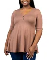 24SEVEN COMFORT APPAREL PLUS SIZE ELBOW SLEEVE HENLEY TUNIC TOP