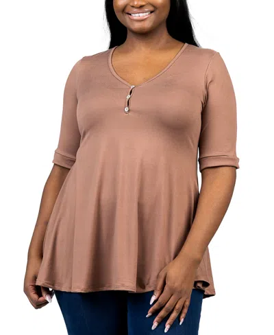 24seven Comfort Apparel Plus Size Elbow Sleeve Henley Tunic Top In Mocha