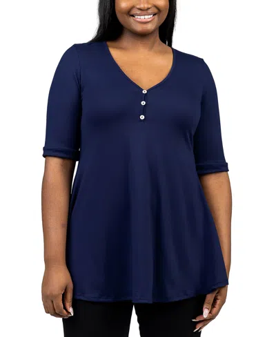 24seven Comfort Apparel Plus Size Elbow Sleeve Henley Tunic Top In Navy