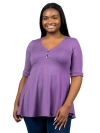 24seven Comfort Apparel Plus Size Elbow Sleeve Henley  Tunic Top In Purple
