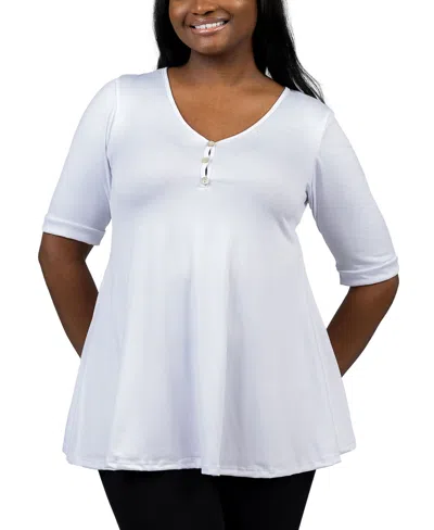 24seven Comfort Apparel Plus Size Elbow Sleeve Henley Tunic Top In White