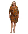 24seven Comfort Apparel Plus Size Elbow Sleeve Ruched Tulip Fall Print Mini Dress In Multi