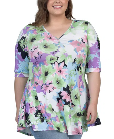 24seven Comfort Apparel Plus Size Elbow Sleeve V Neck Henley Tunic Top In Green Multi