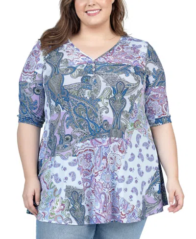 24seven Comfort Apparel Plus Size Elbow Sleeve V Neck Henley Tunic Top In Purple Multi