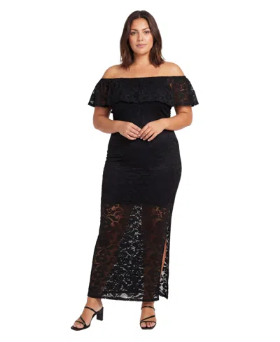 24seven Comfort Apparel Plus Size Elevate Curvy Lace Off-the-shoulder Side Slit Bodycon Maxi Dress In Black