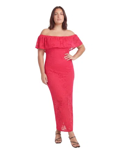 24seven Comfort Apparel Plus Size Elevate Curvy Lace Off-the-shoulder Side Slit Bodycon Maxi Dress In Pink