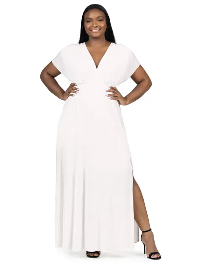 24seven Comfort Apparel Plus Size Empire Waist Flutter Sleeve Side Slit Metallic Knit Maxi Dress In White
